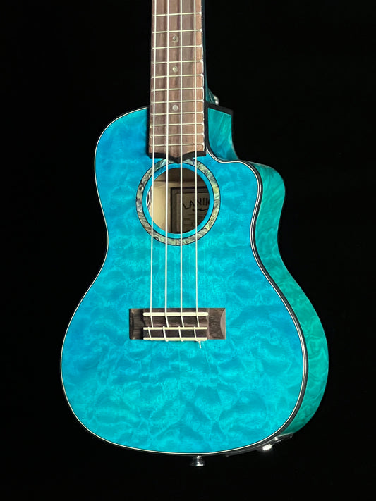 Lanikai Quilted Maple Blue Stain Cutaway Concert Ukulele with Fishman Kula Preamp - New